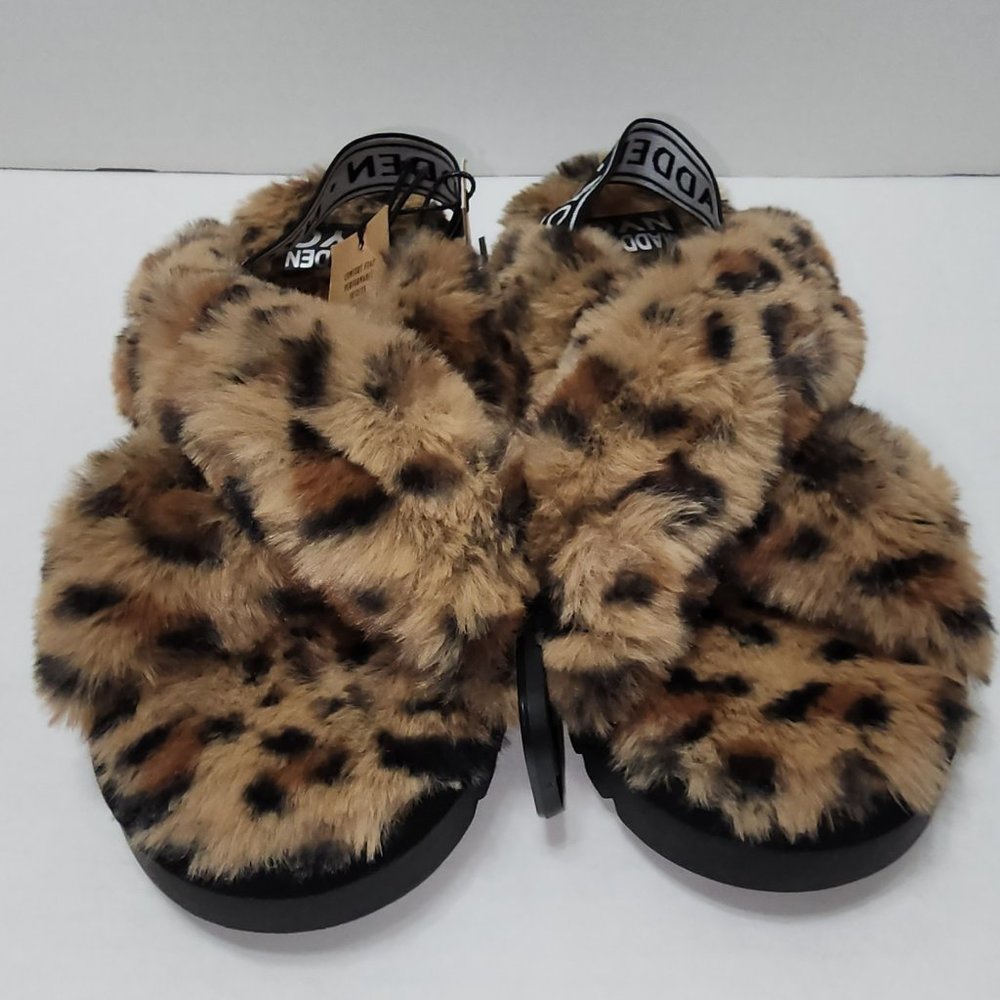 New Madden Leopard Faux Fur Crossband Platform Slippers - Size 7